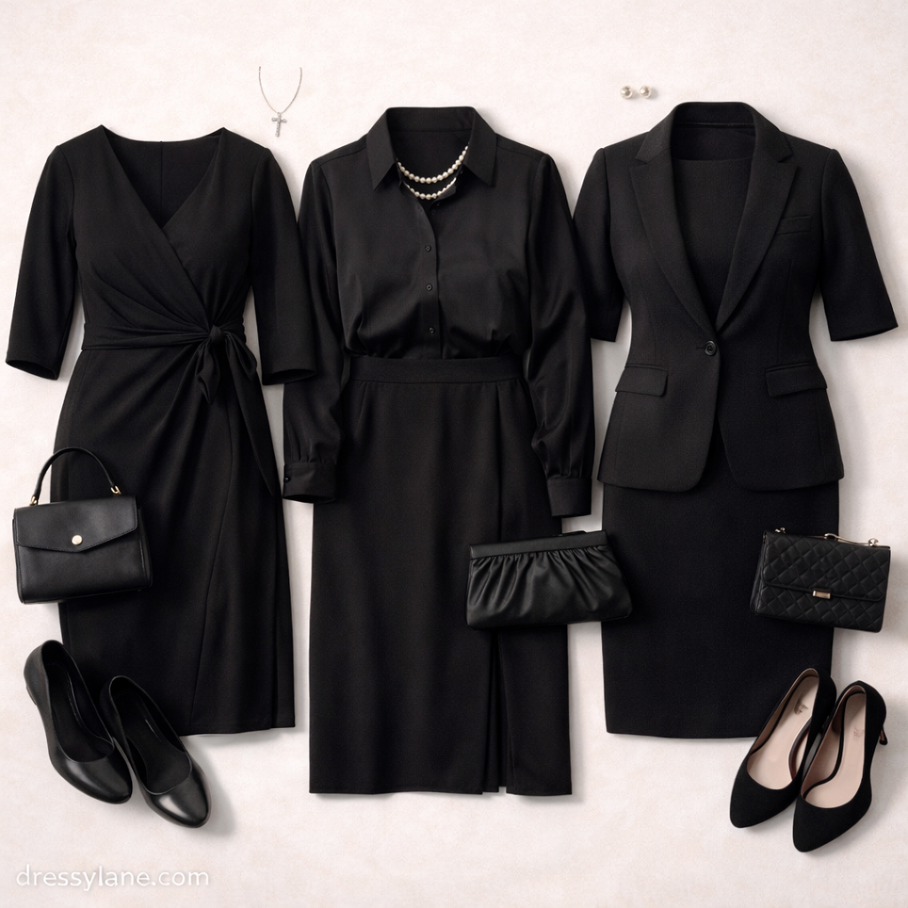 Flat lay of respectful women’s outfits for serious events featuring modest black dresses, conservative silhouettes, and minimal accessories arranged for a somber occasion.