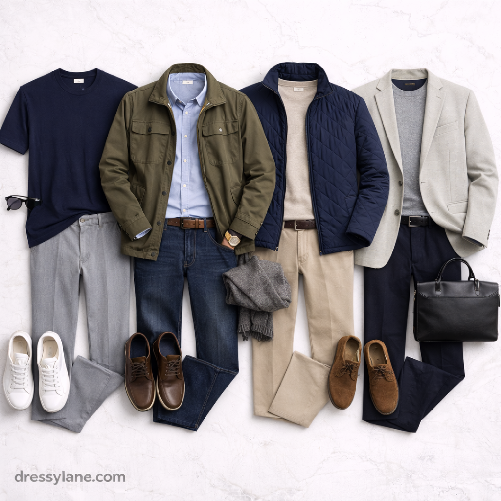 Flat lay of men’s seasonal capsule wardrobe clothing including shirts, jackets, trousers, shoes, and everyday accessories arranged neatly.