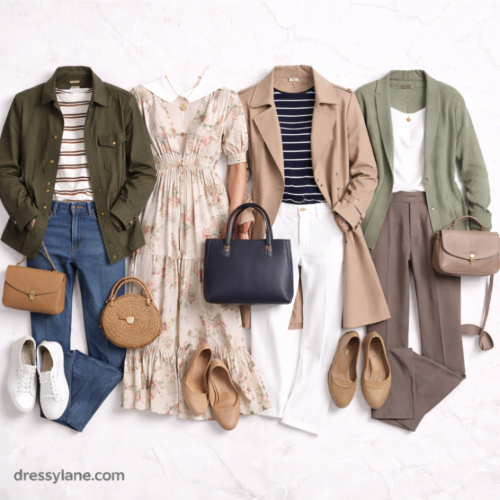 Flat lay of women’s seasonal capsule wardrobe clothing including dresses, jackets, tops, pants, shoes, and accessories arranged on a light background.