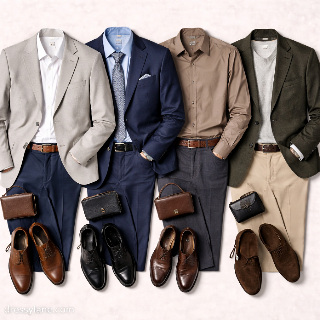 Flat lay of men’s respectful outfits for serious events without black, featuring muted suits, tailored shirts, polished shoes, and understated accessories arranged in neutral tones.