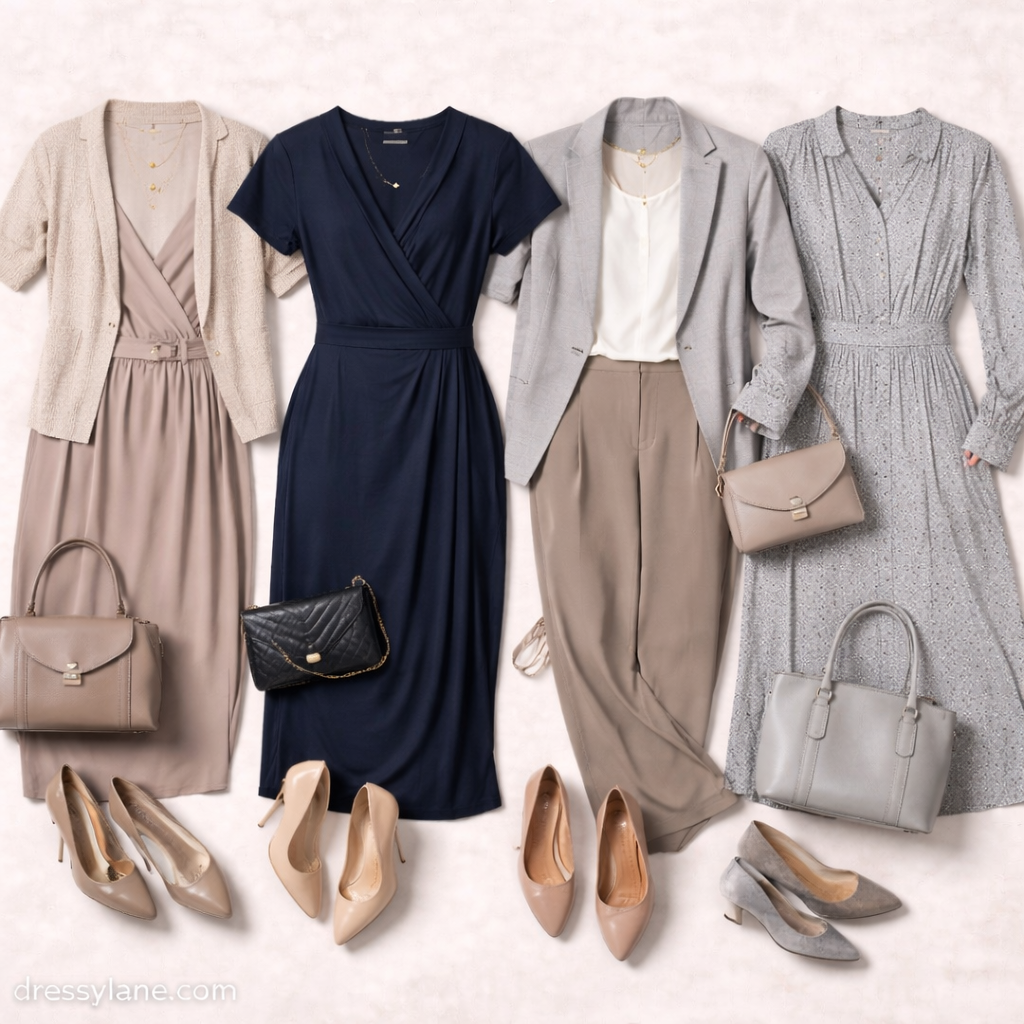 Flat lay of women’s respectful outfits for serious events without black, featuring muted dresses, tailored separates, classic heels, and understated accessories arranged in neutral tones.