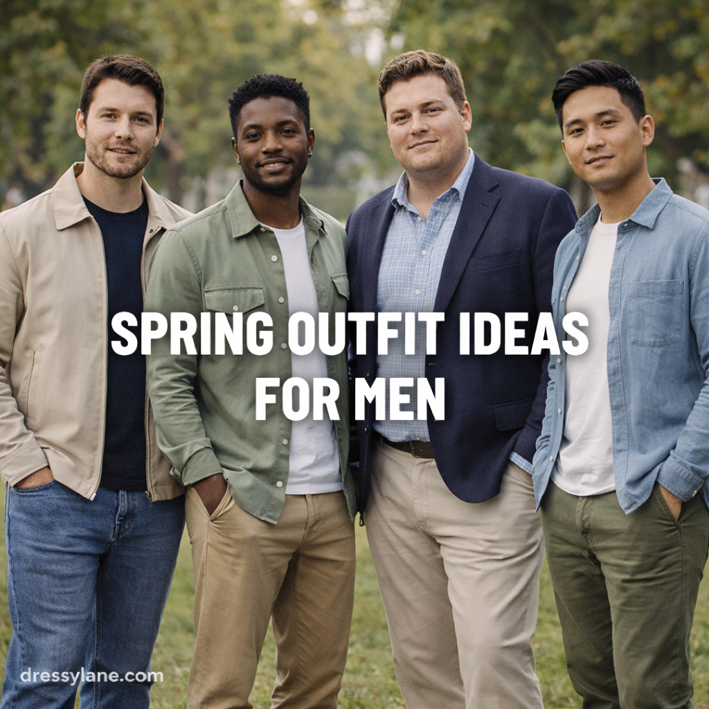 Group of men wearing casual spring outfits outdoors, showcasing lightweight layers and seasonal men’s style.