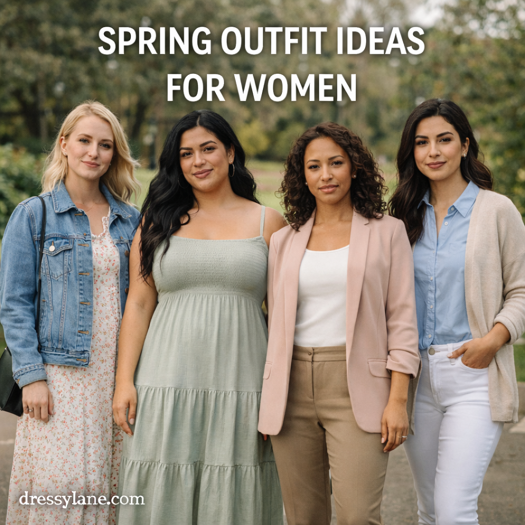 A diverse group of women wearing stylish spring outfits outdoors, including a curvy woman in a light, flowy dress layered for mild weather.