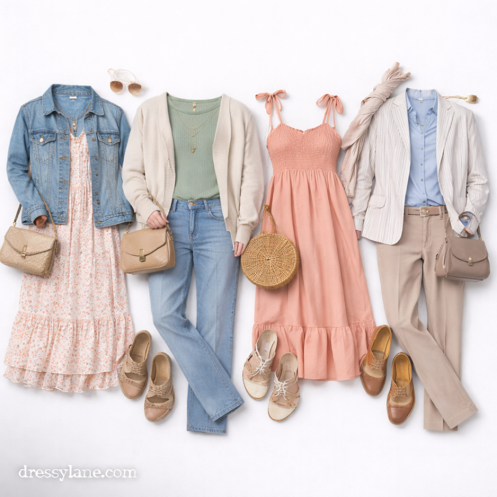 Flat lay of women’s spring outfits featuring dresses, light layers, denim, neutral accessories, and seasonal footwear.