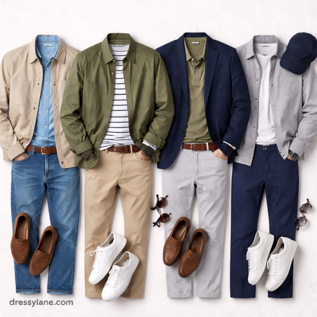 Flat lay of men’s spring outfits arranged neatly, featuring lightweight jackets, shirts, full-length pants, shoes, and accessories in seasonal colors.