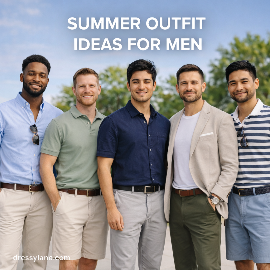 Group of diverse men wearing stylish summer outfits outdoors, featuring lightweight shirts, polos, blazers, and warm-weather looks.
