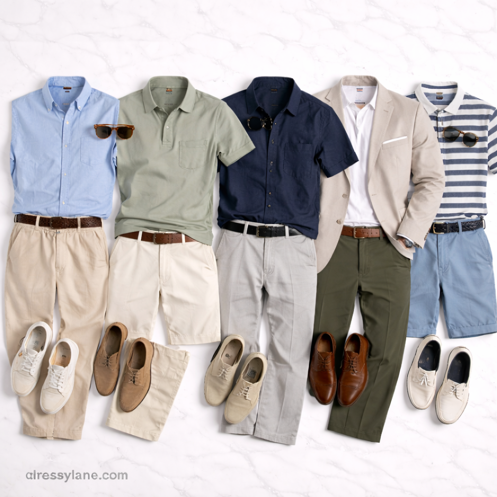 Flat lay of men’s summer outfits featuring lightweight shirts, full-length pants, and casual footwear arranged for warm-weather style.