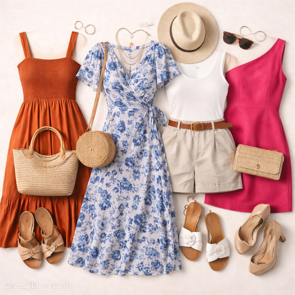 Flat lay of women’s summer outfits featuring lightweight dresses, shorts, sandals, straw bags, and warm-weather accessories arranged for casual seasonal style.