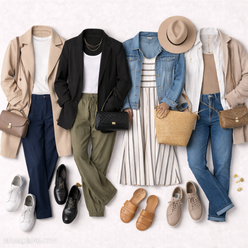 Flat lay of women’s versatile travel outfits featuring neutral layers, casual dresses, lightweight jackets, comfortable shoes, and coordinated accessories arranged for mix-and-match styling.