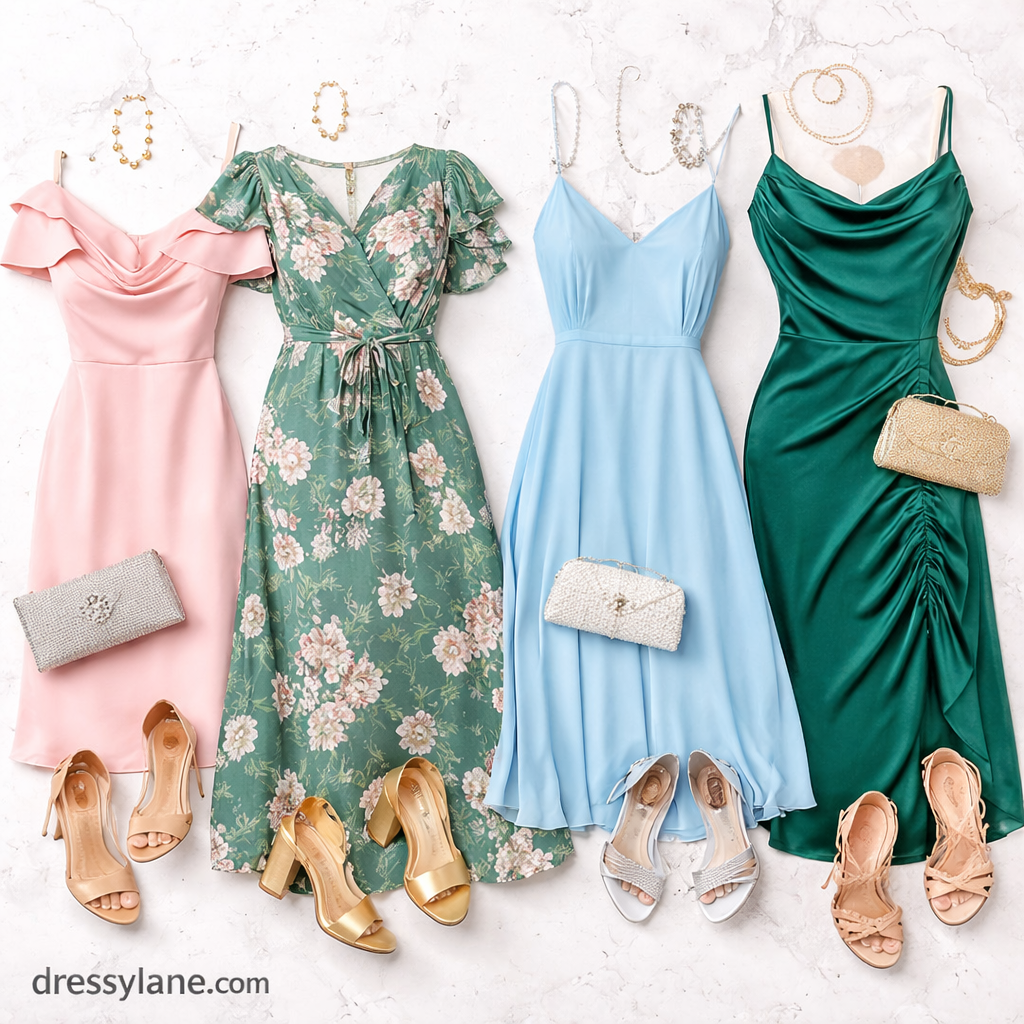 Flat lay of women’s wedding guest dresses paired with elegant heels, sandals, and accessories in coordinated formal outfits.