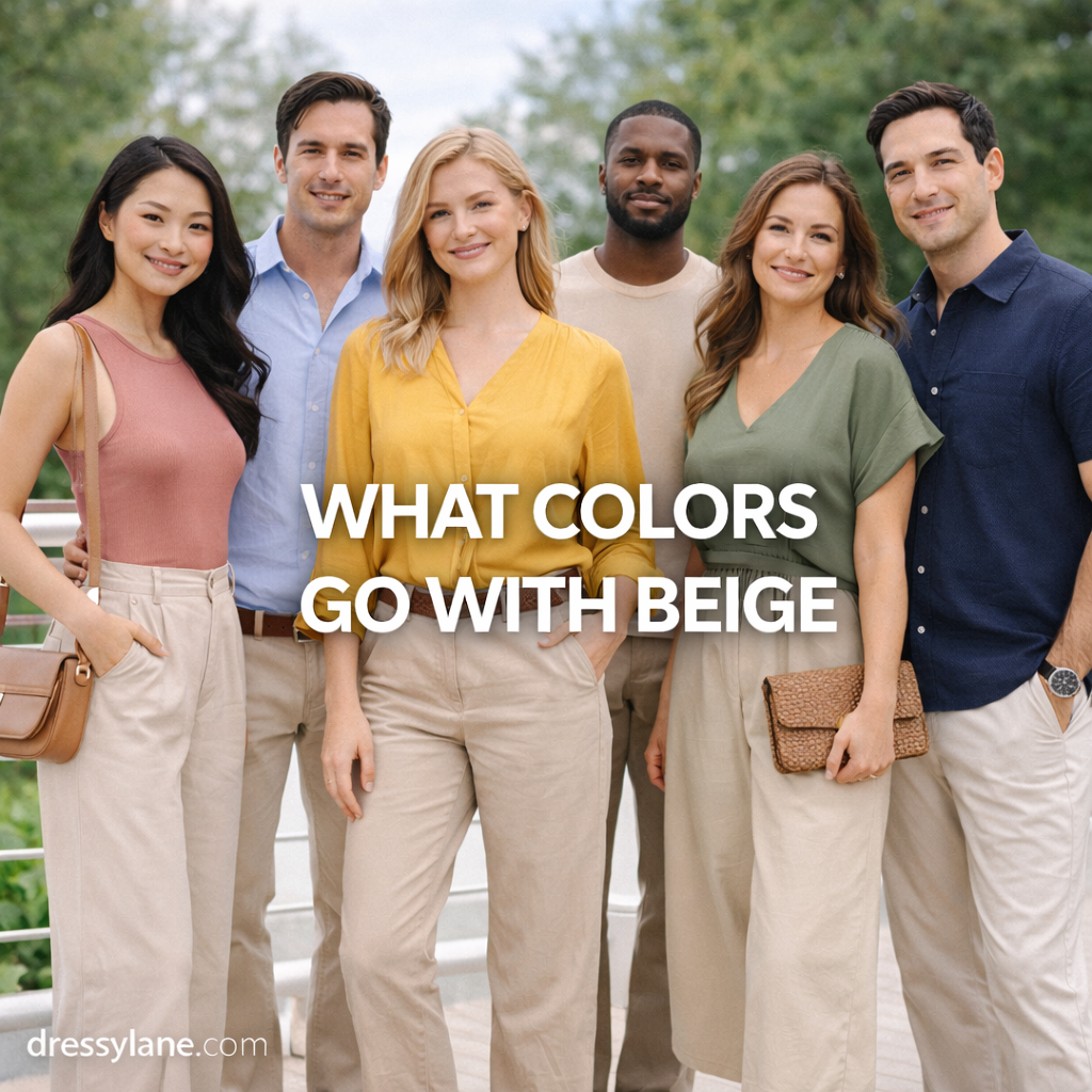 Men and women wearing beige outfits paired with complementary colors, showing what colors go with beige.