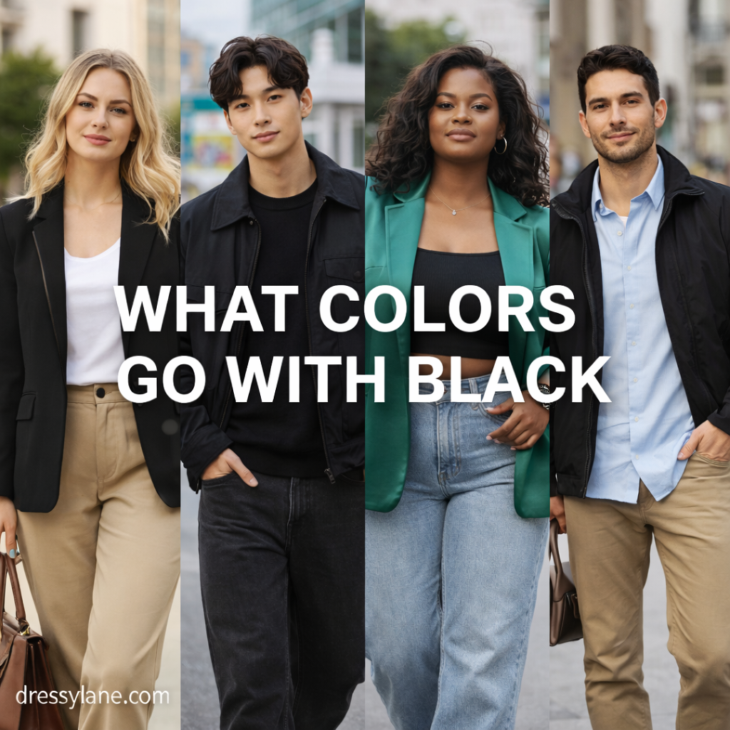 A diverse group of men and women wearing black-based outfits styled with complementary colors to show what colors go with black.
