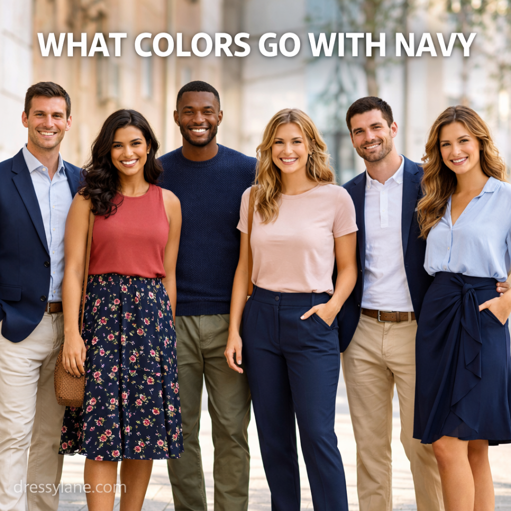 A diverse group of men and women wearing navy outfits styled with complementary colors such as beige, blush, white, and light blue.