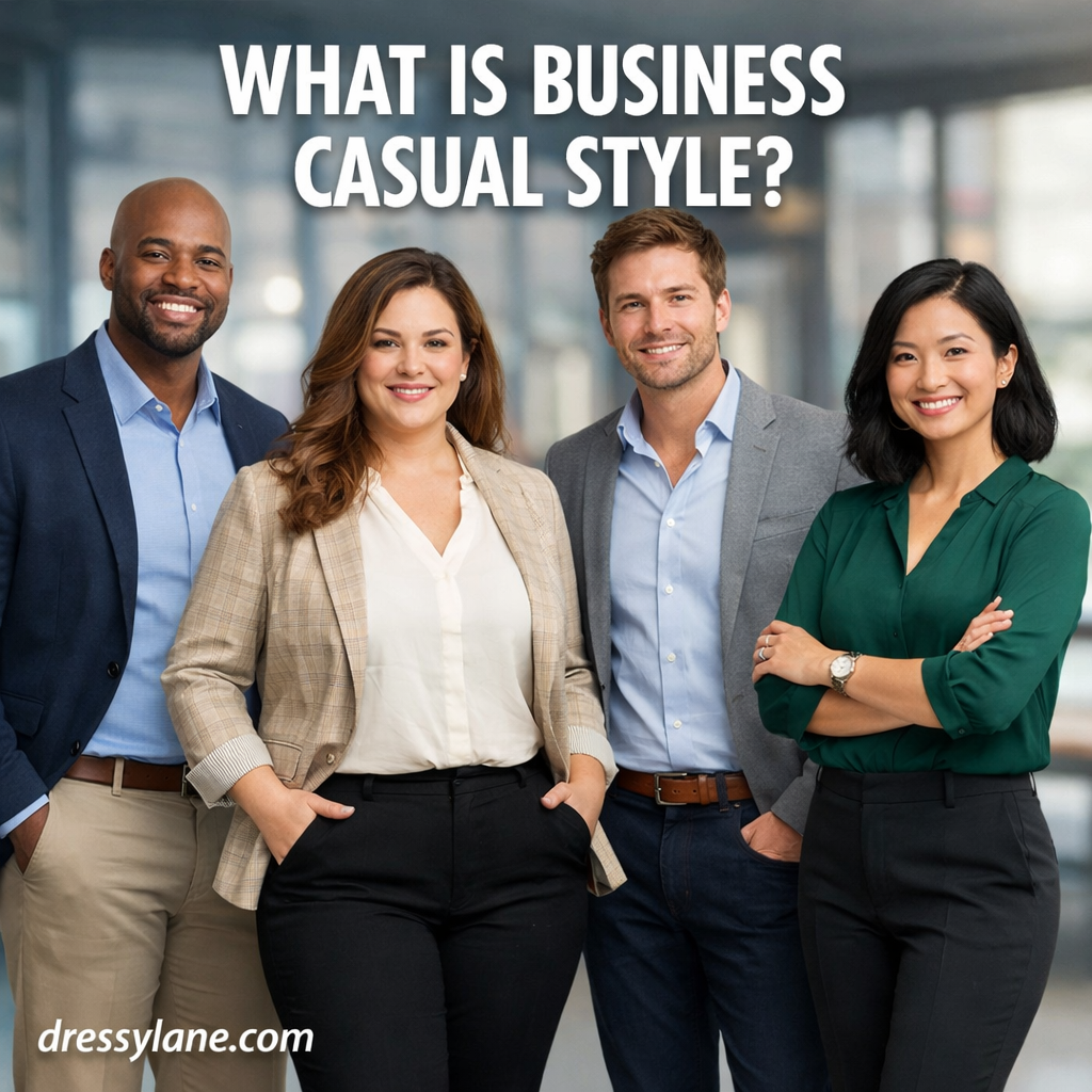 Group of men and women wearing modern business casual outfits in a professional office setting.