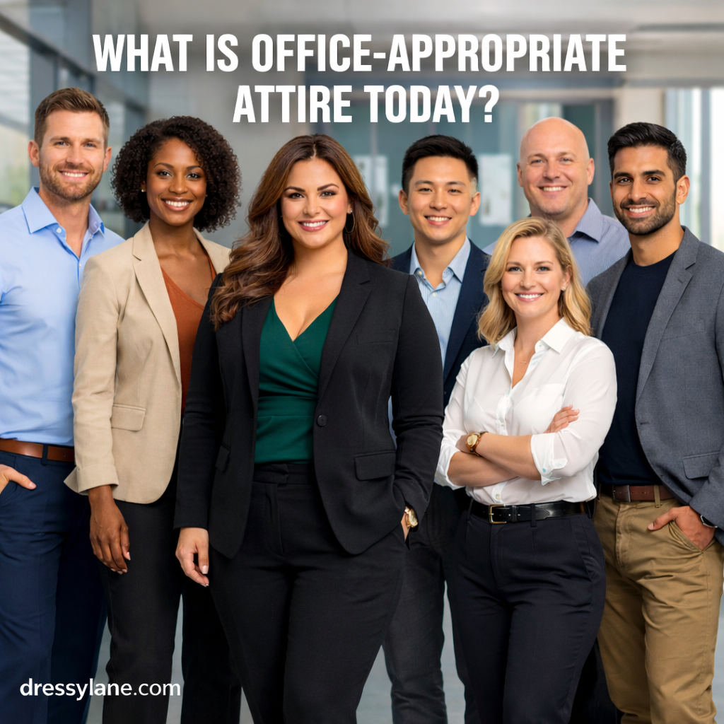 Diverse group of professionals wearing modern office-appropriate attire in a contemporary workplace setting.