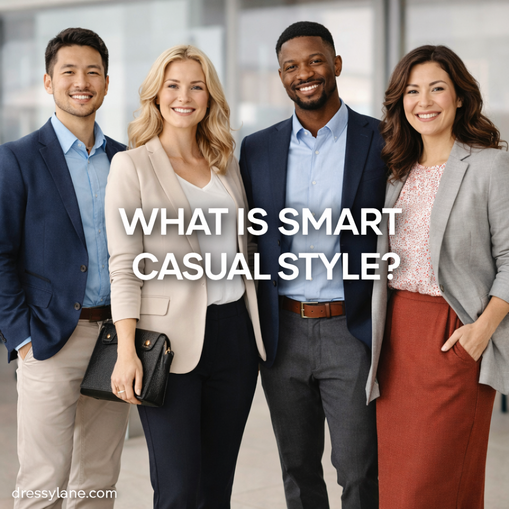 Men and women wearing smart casual outfits in a modern indoor setting, showcasing polished yet relaxed style.