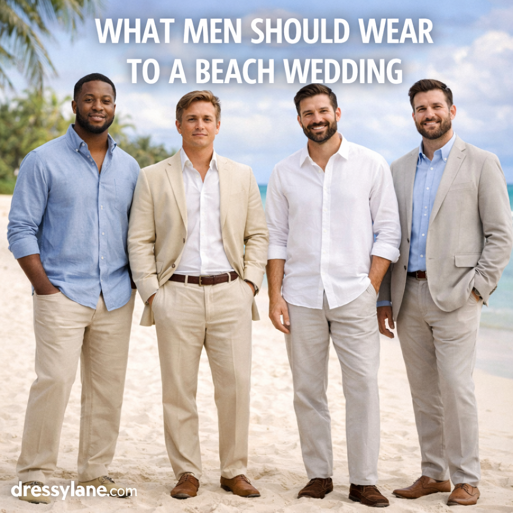 Group of men wearing light-colored linen and cotton outfits appropriate for a beach wedding ceremony.