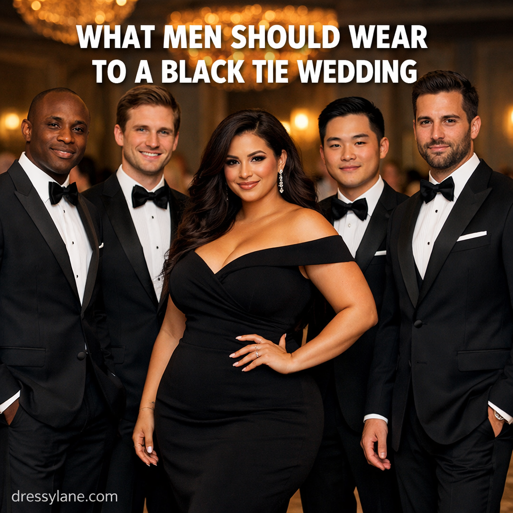 Men wearing classic black tie tuxedos at a formal wedding event with elegant styling and accessories.