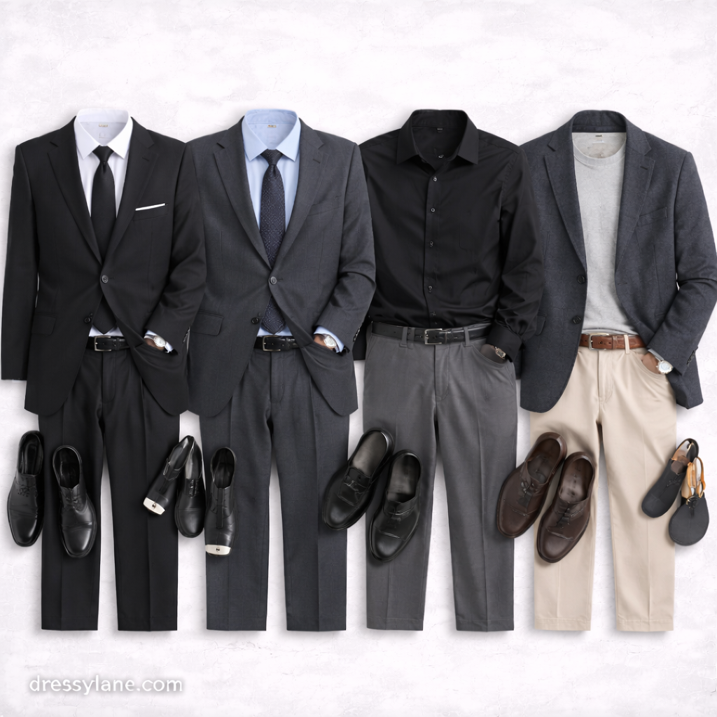Flat lay of men’s funeral outfits featuring dark suits, dress shirts, full-length trousers, ties, and polished leather shoes.