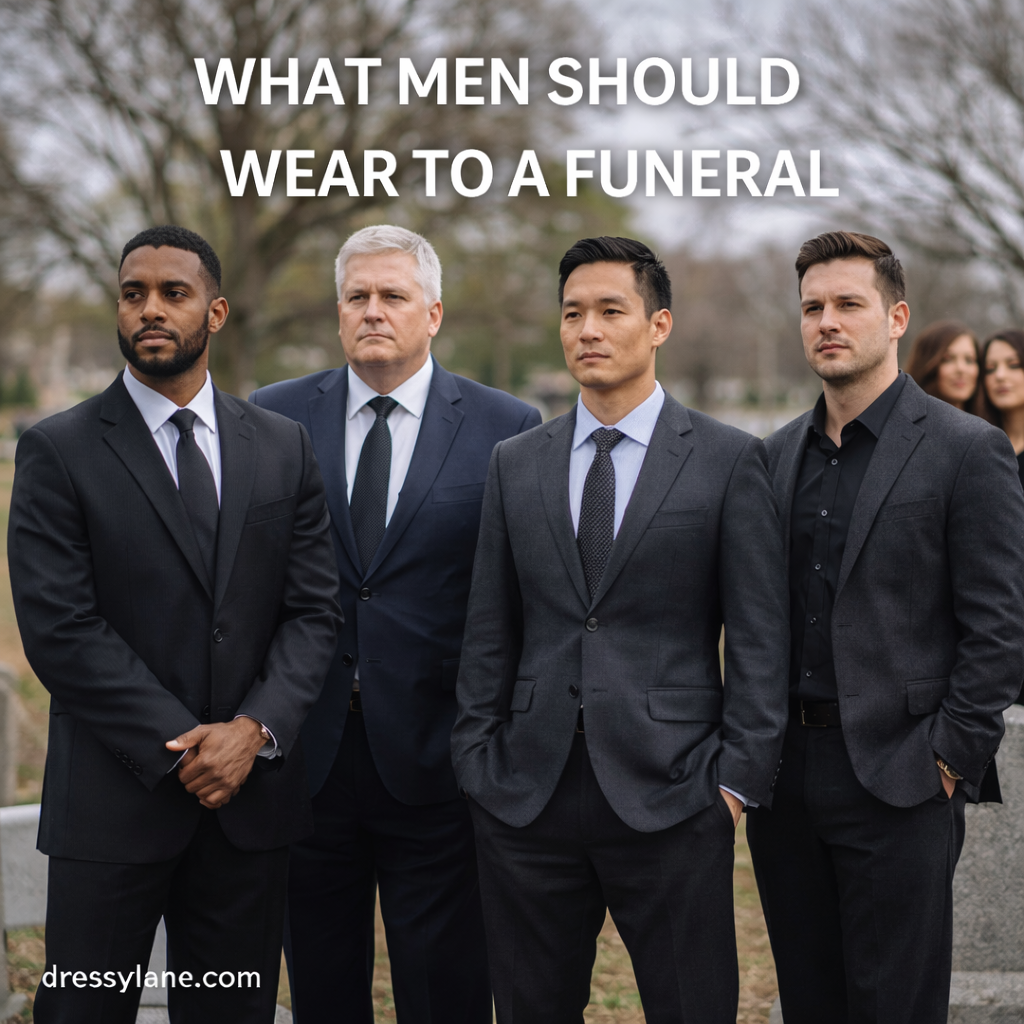 Men wearing dark, respectful funeral attire including suits, dress shirts, and ties at a cemetery setting.