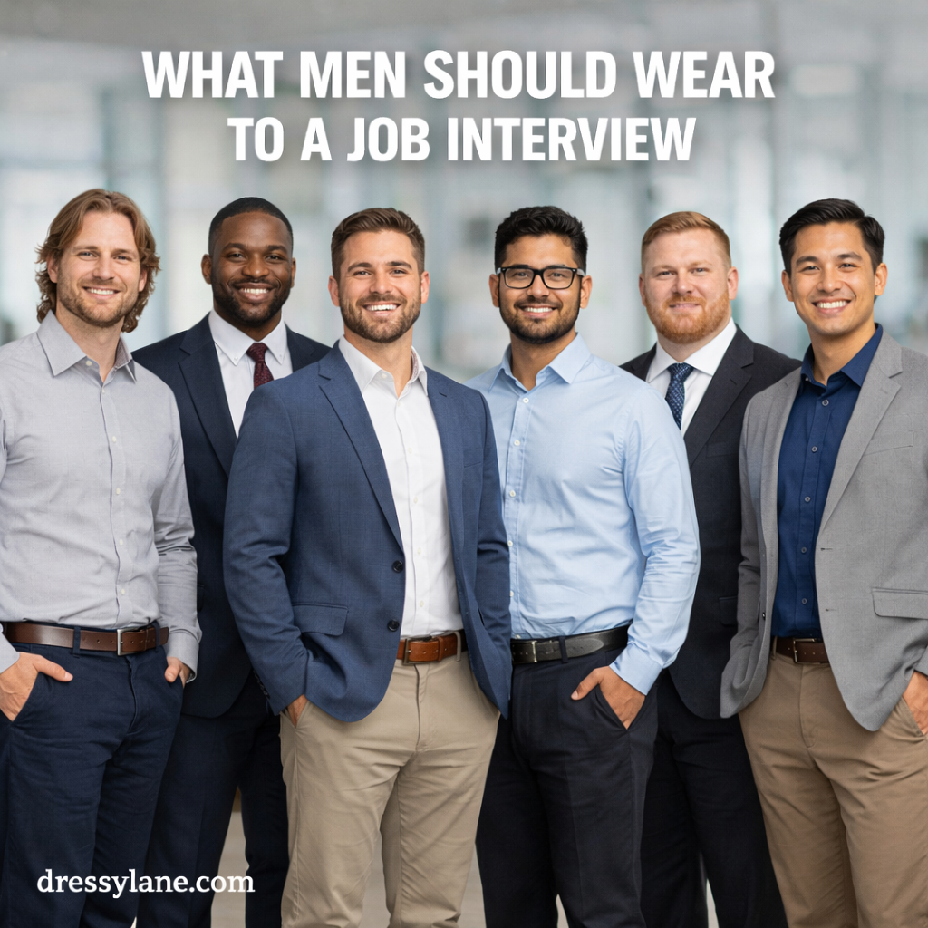 Diverse group of men wearing professional and business casual outfits suitable for a job interview in a modern office setting.