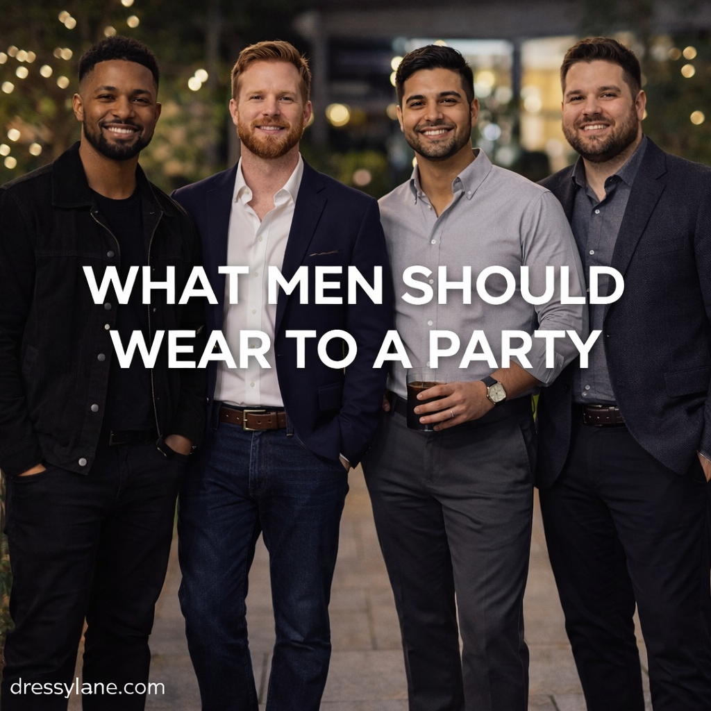 A diverse group of men wearing stylish party outfits, including blazers, button-down shirts, and smart casual looks, standing together in an evening social setting.