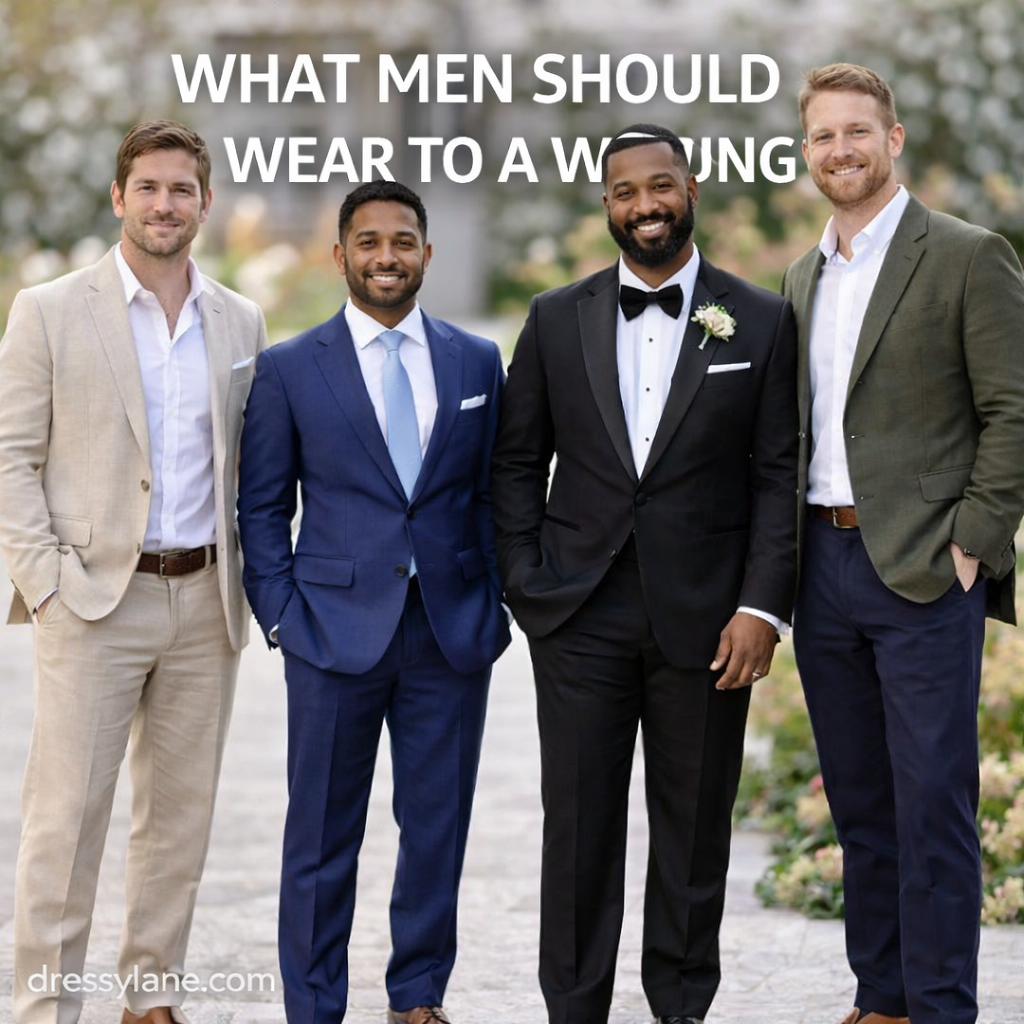 Group of men wearing wedding guest outfits ranging from casual suits to formal tuxedos, styled for different wedding dress codes.