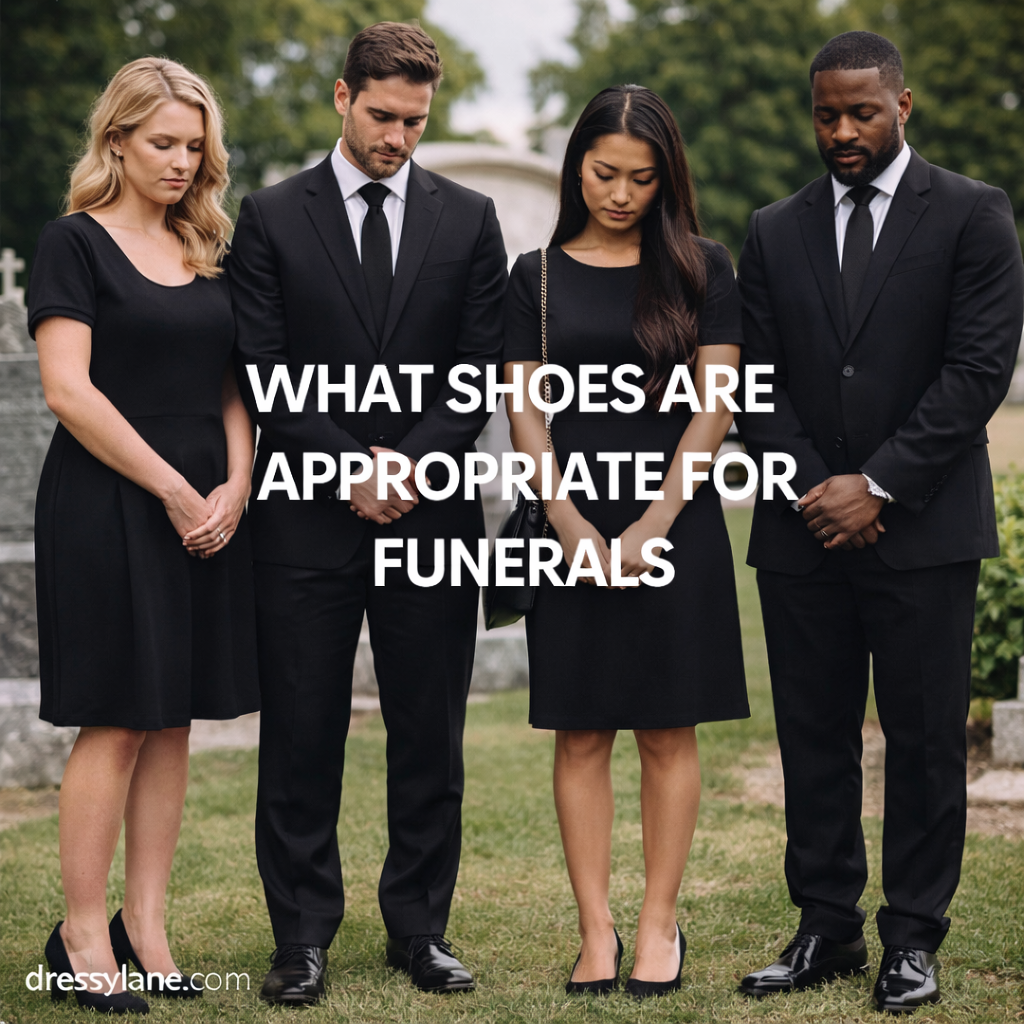 Men and women wearing respectful funeral attire with appropriate formal shoes at a graveside service.