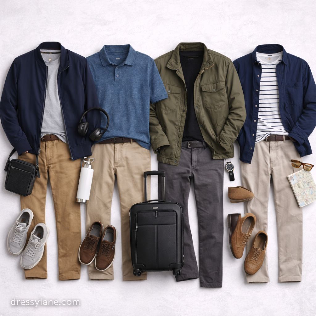 Flat lay of men’s travel outfits featuring comfortable walking shoes, layered tops, jackets, and full-length pants arranged for travel days.