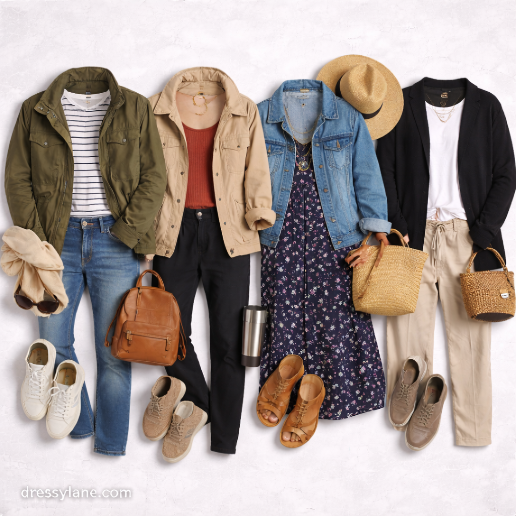 Flat lay of women’s travel outfits paired with comfortable walking shoes, featuring layered tops, jackets, dresses, and supportive footwear.