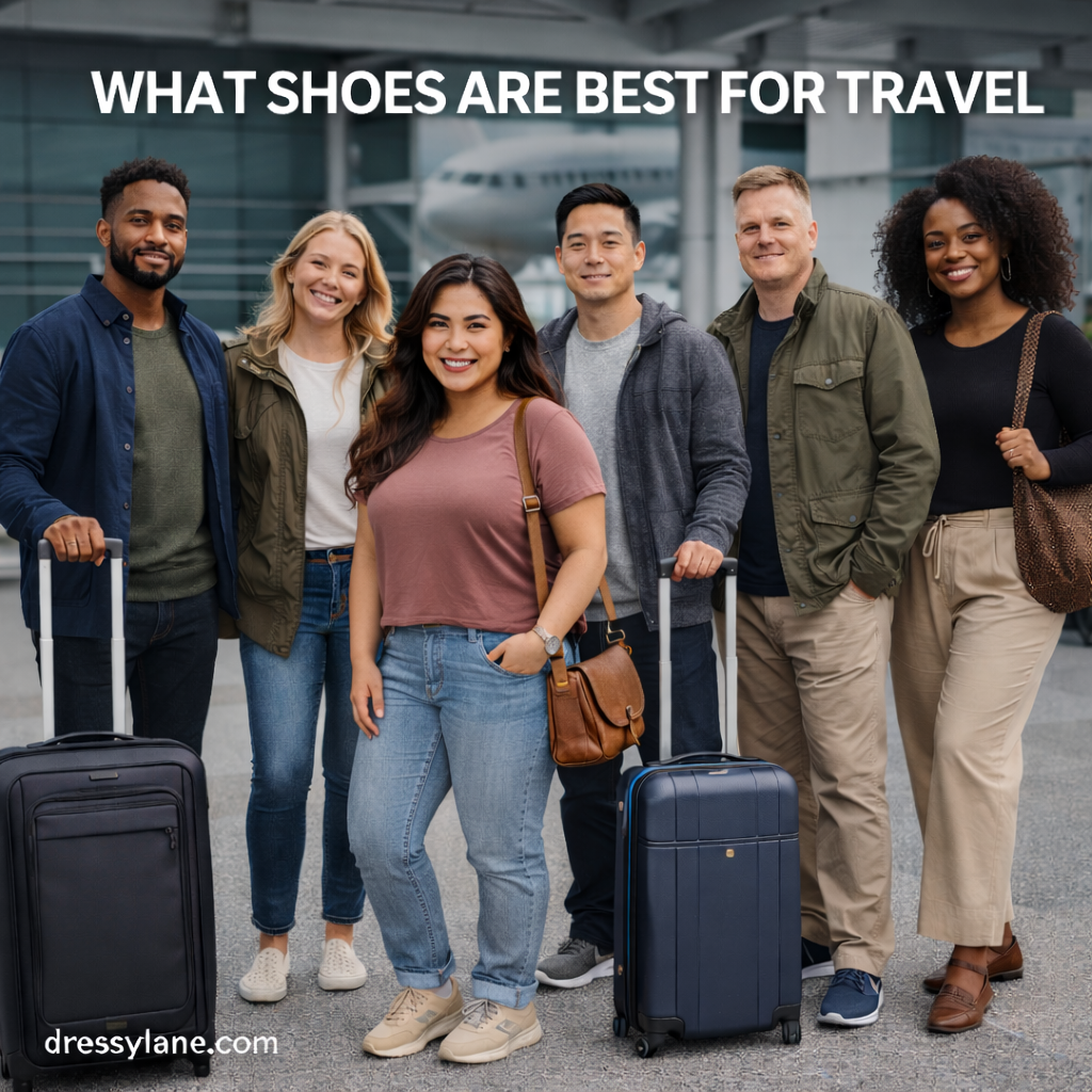 Group of diverse travelers wearing comfortable travel shoes at an airport, including a stylish Filipina woman in walking sneakers.
