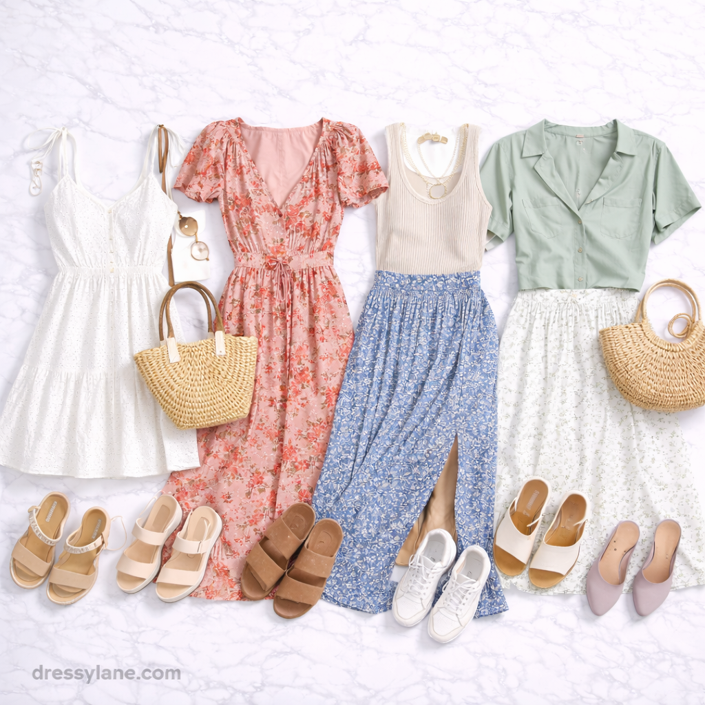 Flat lay of women’s dresses paired with a variety of shoes including sandals, sneakers, flats, and slides for versatile styling.