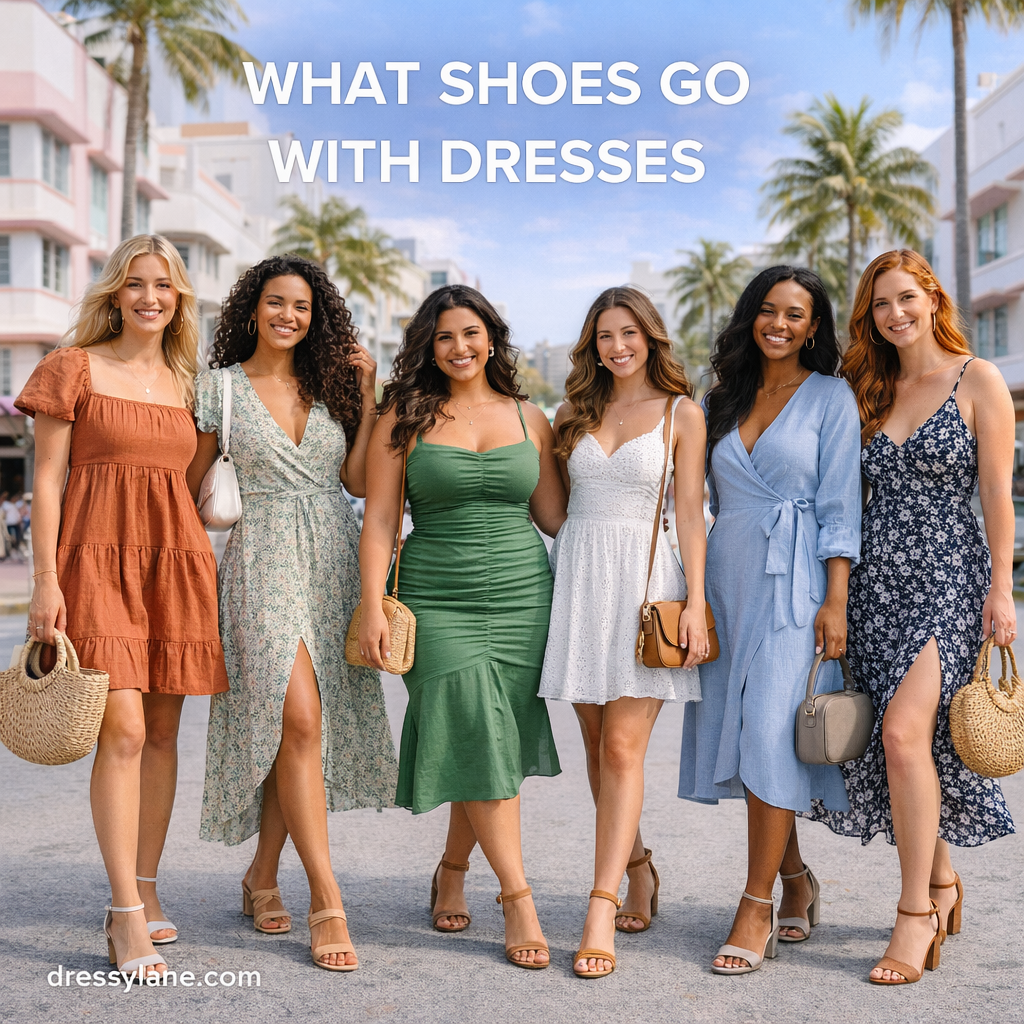 Group of diverse women wearing dresses paired with different shoe styles, showing how footwear complements casual and dressy dresses.