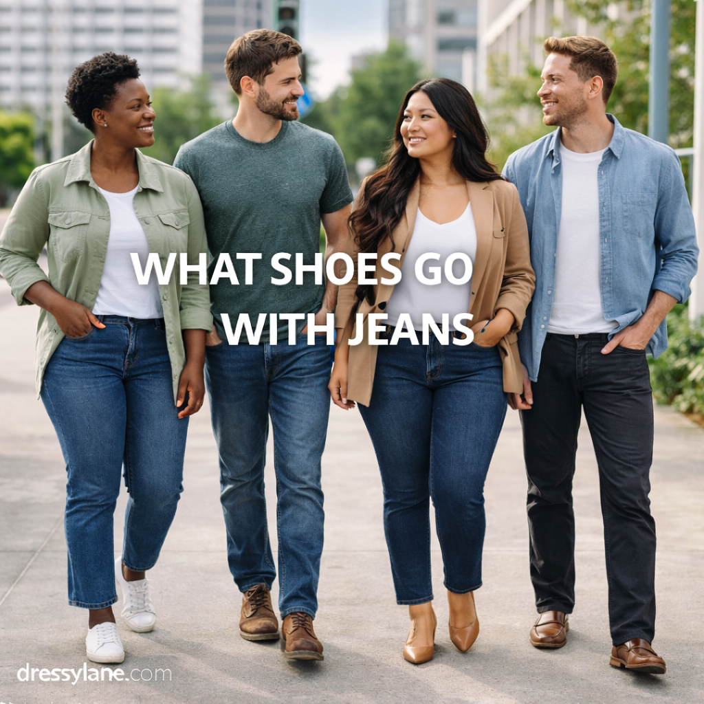Men and women wearing jeans styled with different shoe types, showing what shoes go with jeans.
