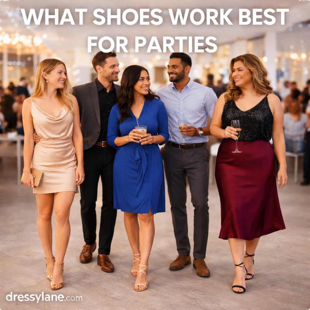 Men and women at a party wearing stylish, comfortable shoes suitable for social events, with full outfits and footwear clearly visible.