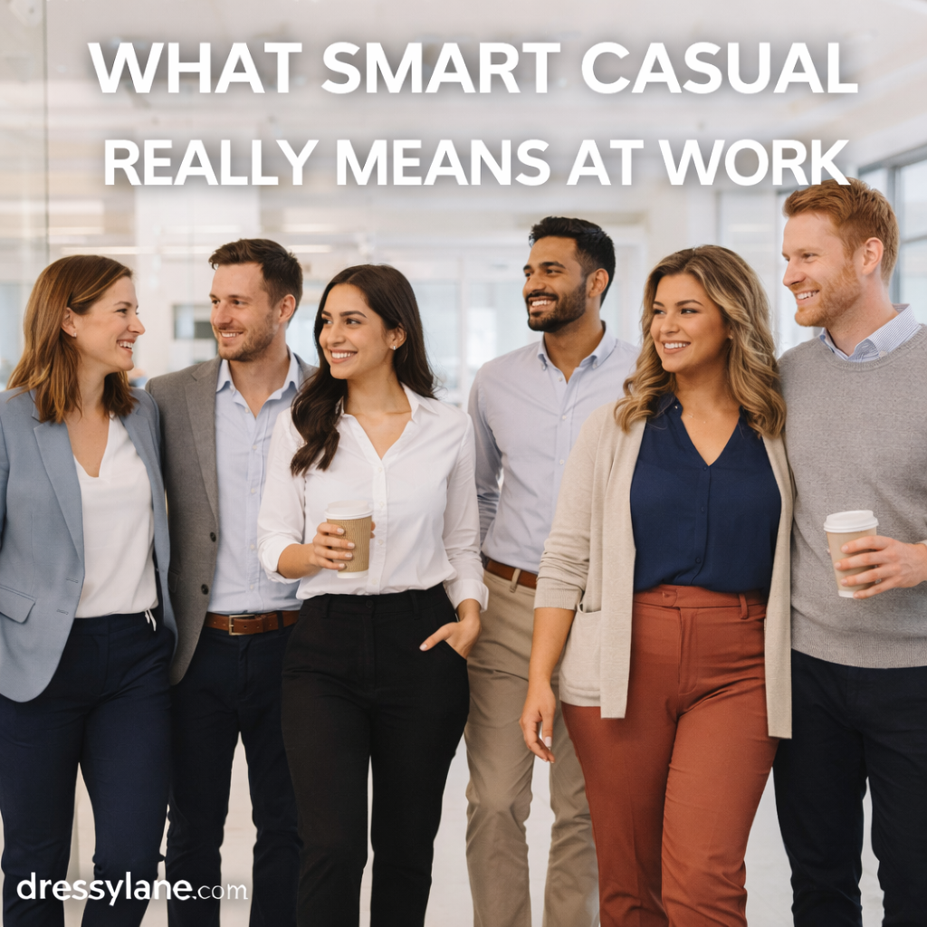 Men and women wearing smart casual outfits in a modern office setting that show what smart casual really means at work.