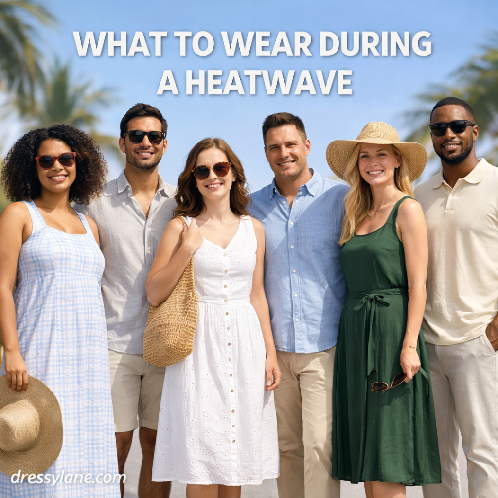 Men and women wearing lightweight, breathable summer outfits during a heatwave, including linen shirts, airy dresses, and light-colored clothing.