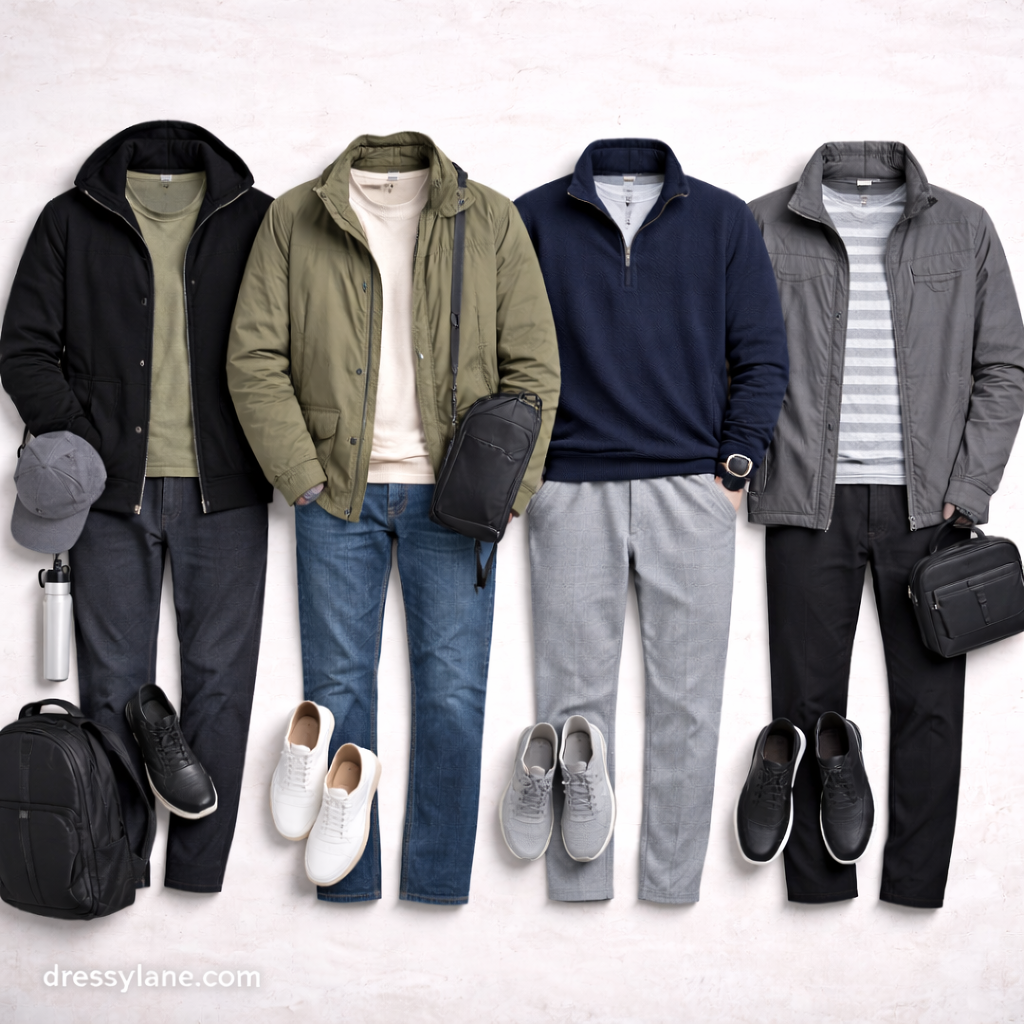 Flat lay of men’s travel day outfits featuring comfortable layers, full-length pants, sneakers, and practical travel accessories.