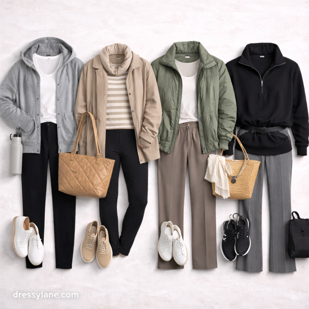 Flat lay of women’s travel day outfits featuring comfortable pants, layered tops, jackets, sneakers, and travel-ready accessories.
