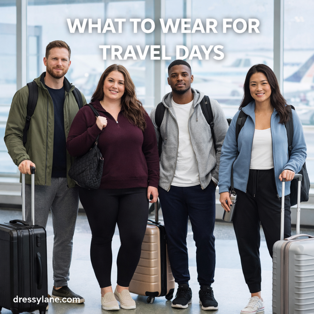 Group of men and women wearing comfortable travel outfits at an airport, featuring casual layers, sneakers, and carry-on luggage.
