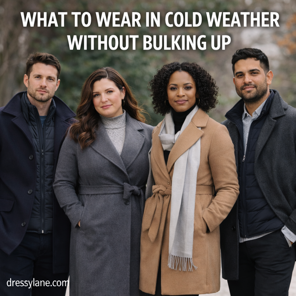 A diverse group of men and women wearing streamlined cold weather outfits designed to stay warm without adding bulk.