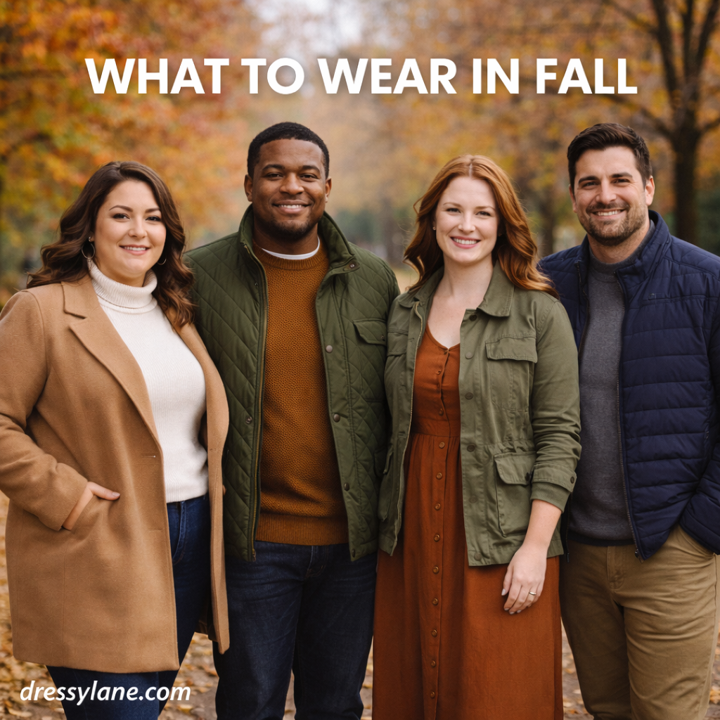 Group of men and women wearing layered fall outfits outdoors with autumn leaves and seasonal colors.