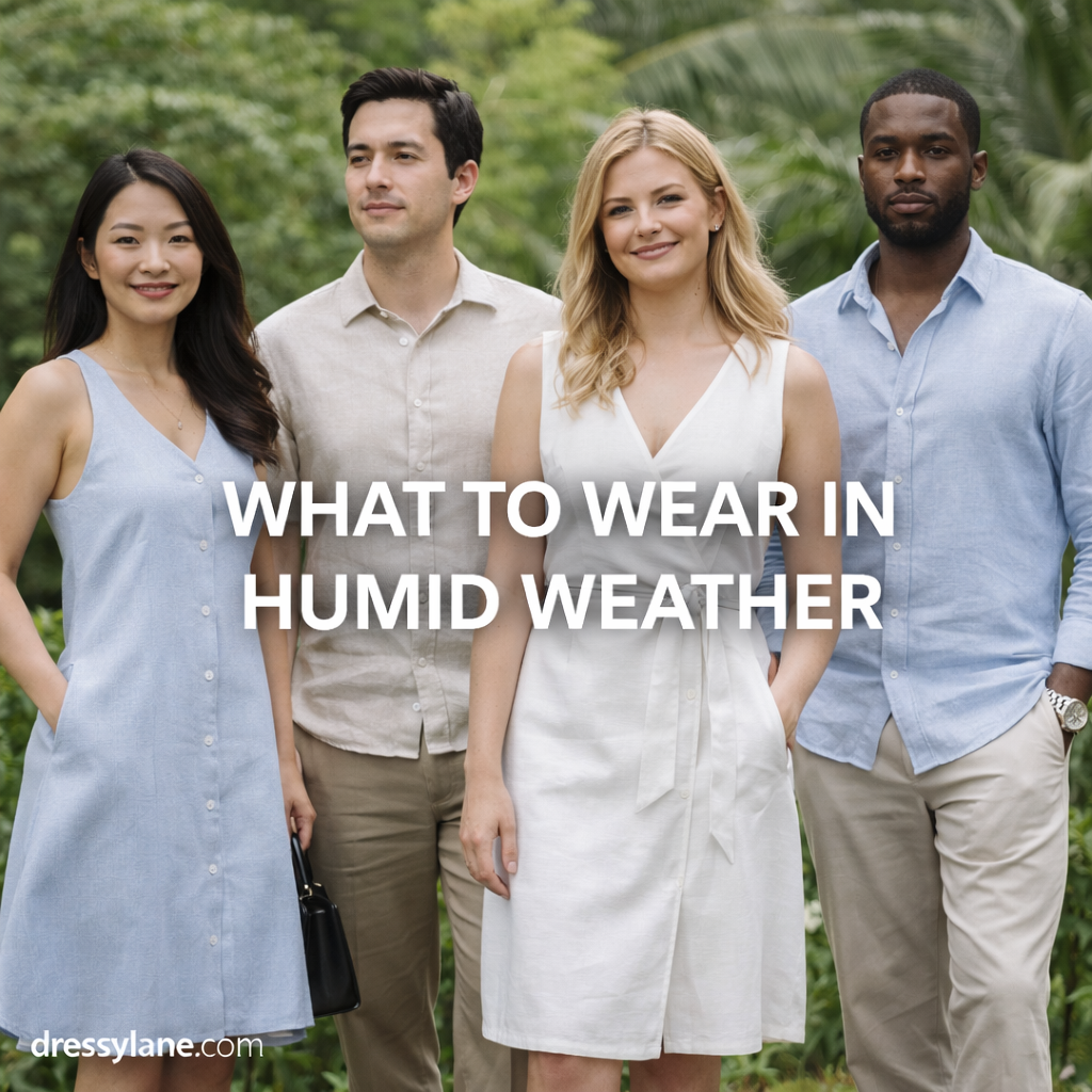 Men and women wearing lightweight breathable outfits in a humid outdoor setting, showing what to wear in humid weather.