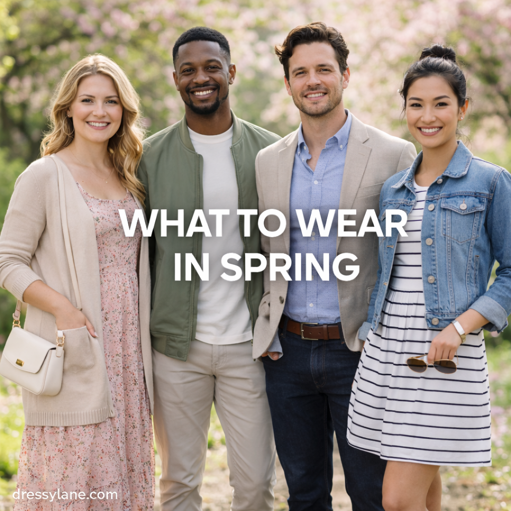 Men and women wearing light, layered spring outfits outdoors in a seasonal setting.