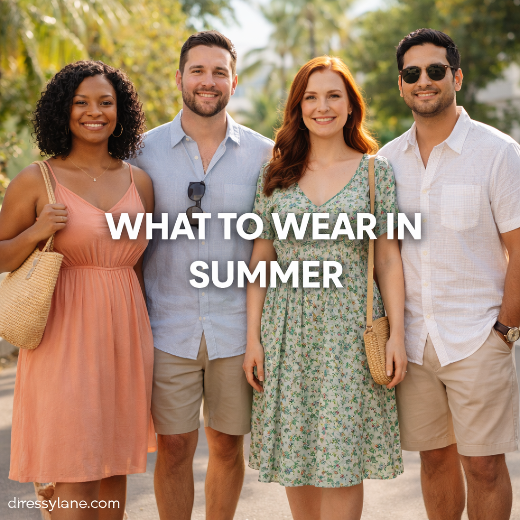 Men and women wearing light, breathable summer outfits outdoors in a warm-weather setting.