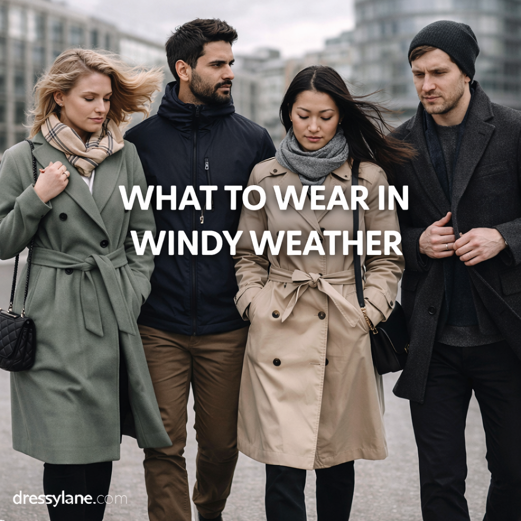 Men and women wearing layered, wind-resistant outfits outdoors, showing what to wear in windy weather.