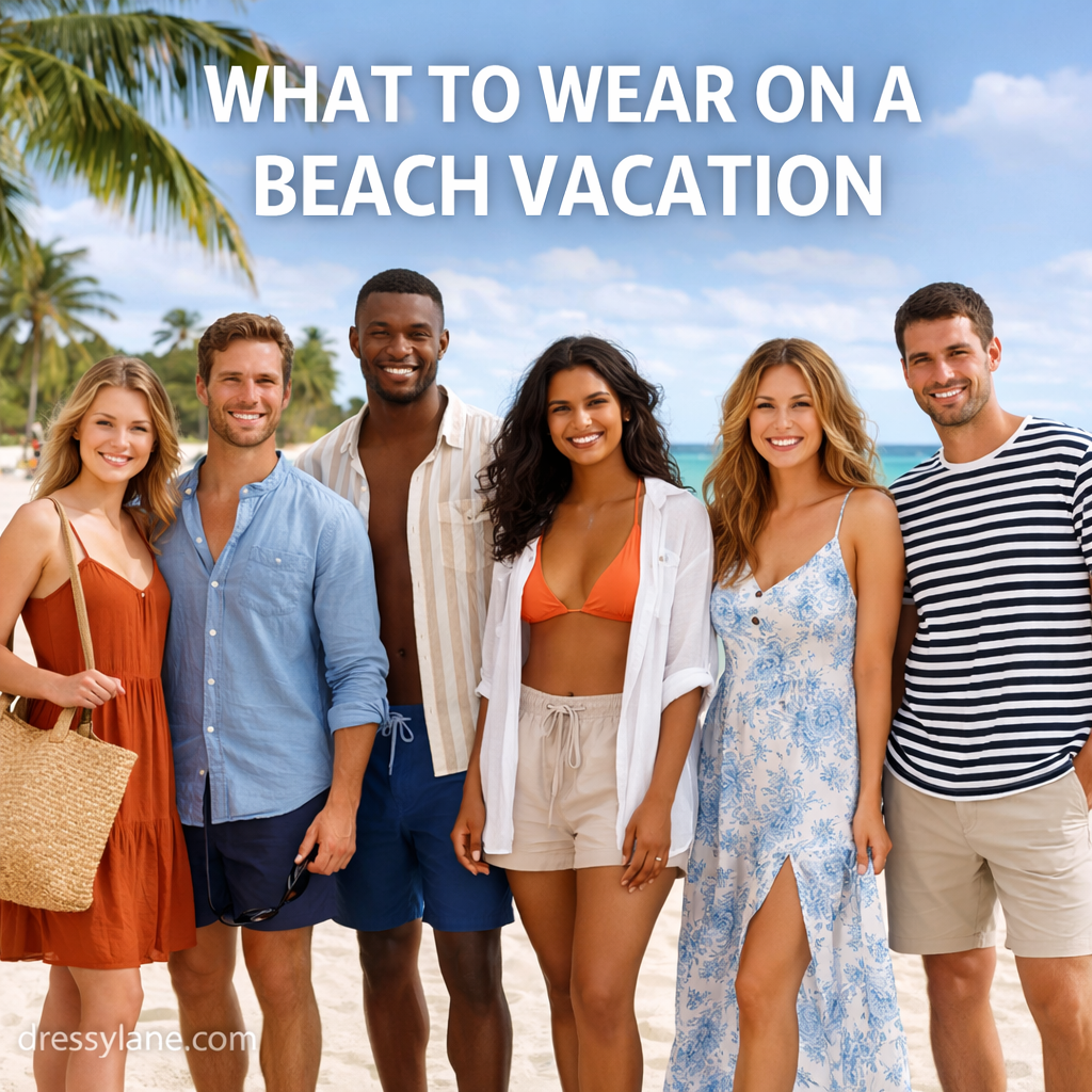 A diverse group of men and women wearing stylish, lightweight outfits suitable for a beach vacation with ocean and palm trees in the background.