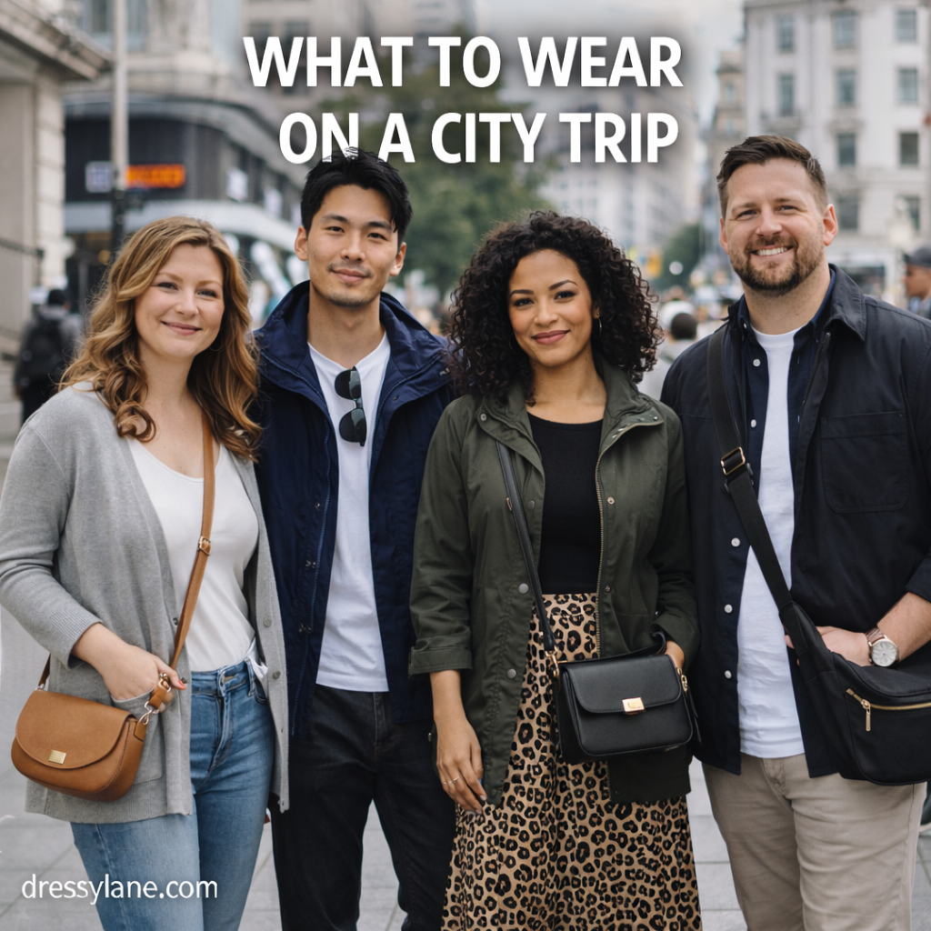A diverse group of men and women wearing comfortable, stylish outfits suitable for exploring a city while traveling.