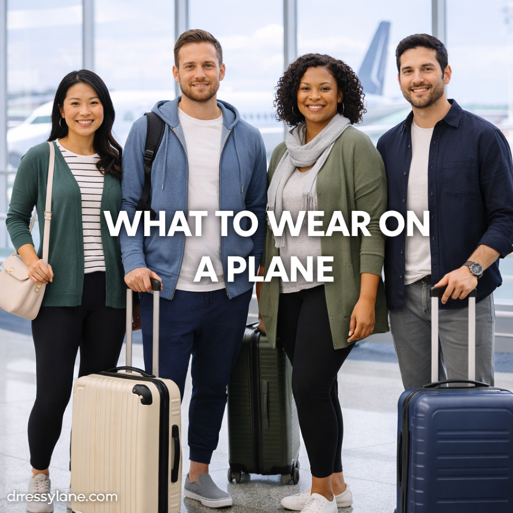 Men and women wearing comfortable travel outfits while standing in an airport terminal with carry-on luggage.