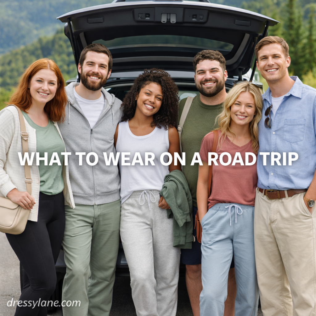 Men and women wearing comfortable road trip outfits while standing beside a car with luggage during a scenic drive.